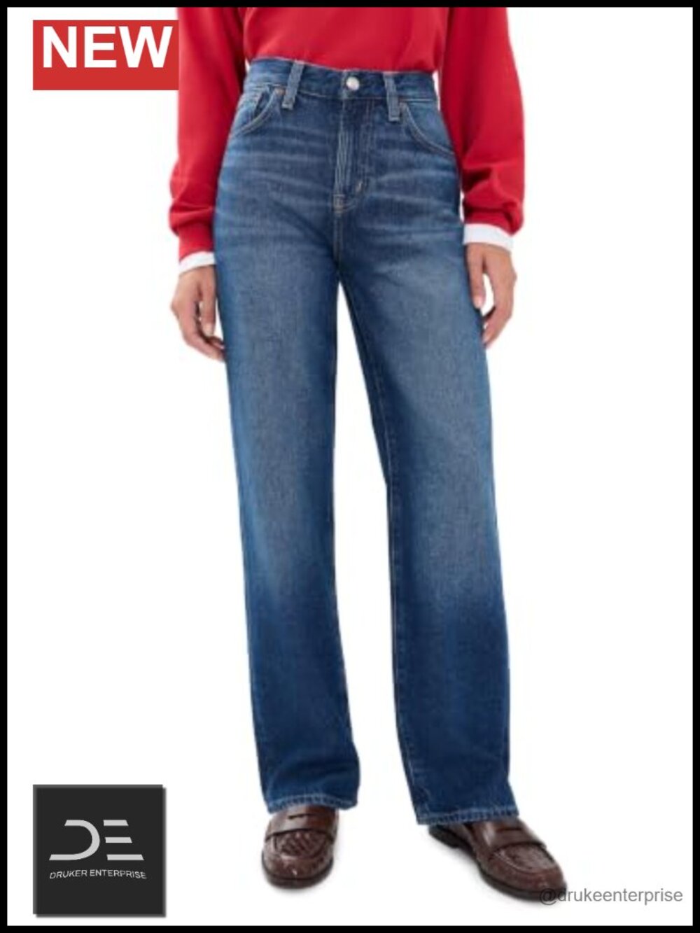 Wide-Leg High Rise Jeans Non-Stretch 5-Pocket Button Zip